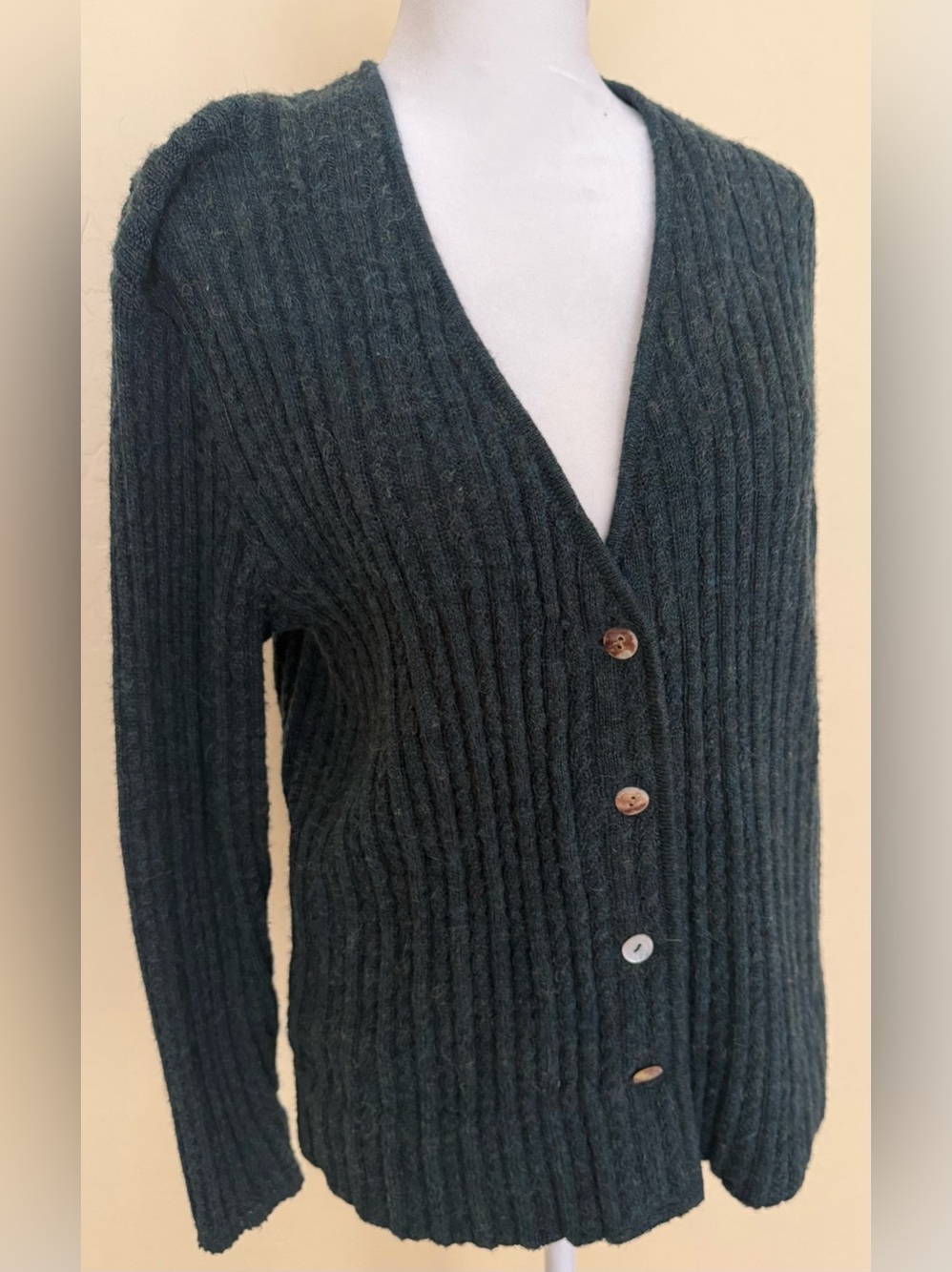VINTAGE TopKnit ALPACA Green Knit Button Up Cardigan SZ M PERU Cozy Warm Stretch